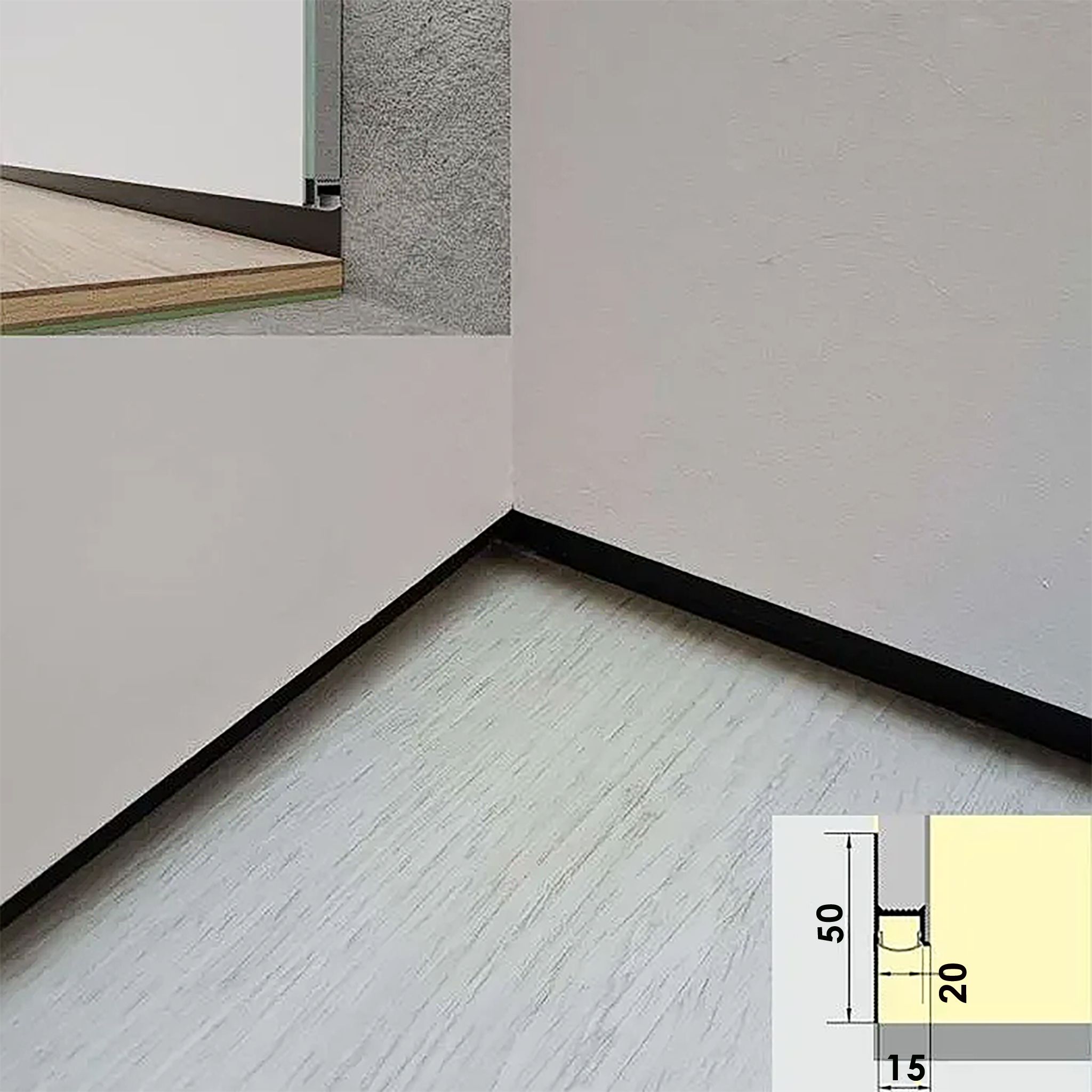 Плинтус напольный теневой 50 х 15 х 2500 мм, без рассеивателя, зазор 20 мм, Черный матовый ,1 шт Купить оптом Плинтус напольный теневой 50 х 15 х 2500 мм, без рассеивателя, зазор 20 мм, Черный матовый ,1 шт — изображение 3