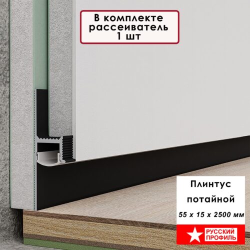 Плинтус напольный теневой 55 х 15 х 2500 мм, зазор 20 мм, Чёрный матовый, 1 шт